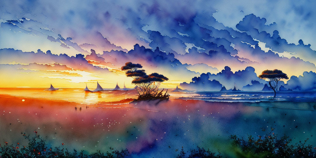 Vibrant Sunset Watercolor Painting with Sailboats and Trees