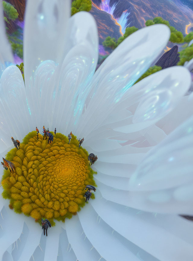 Surreal image of tiny people on gigantic daisy in vibrant landscape