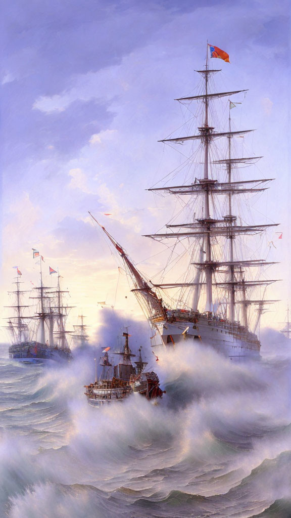 Sailing tall ships on rolling sea waves under pastel sky