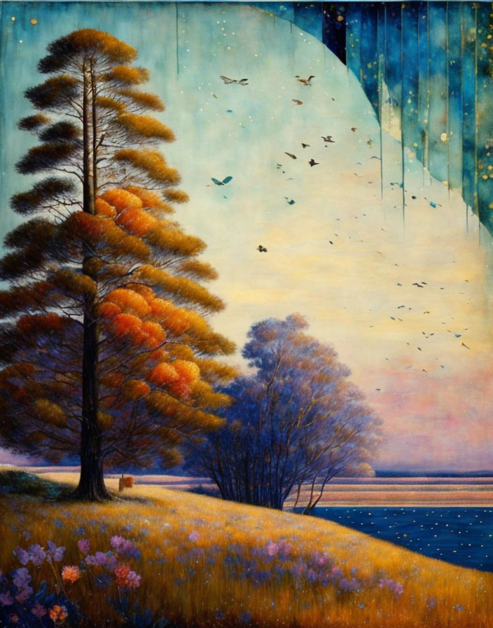 Vibrant autumn tree with birds, stars, and serene river scene.