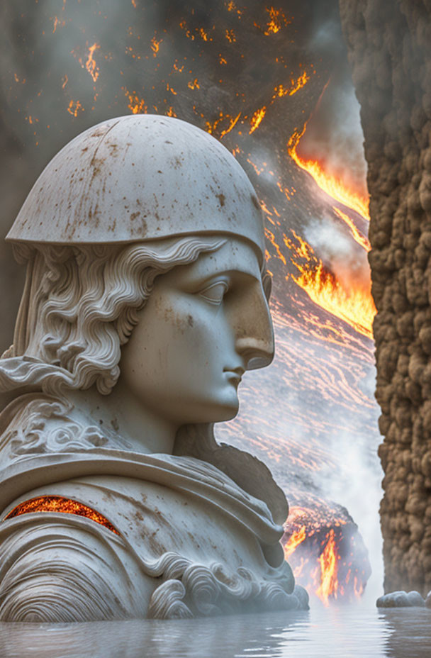 Marble sculpture of classical figure with helmet amid erupting volcanoes