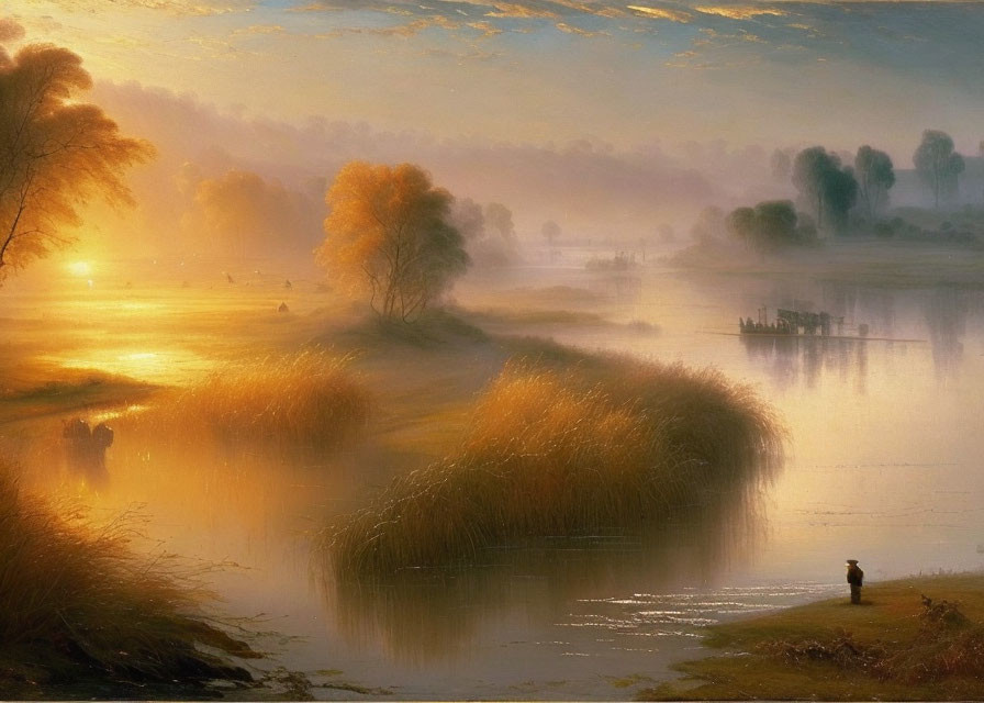 Sunrise river landscape with silhouetted figures, boat, and trees in misty golden light