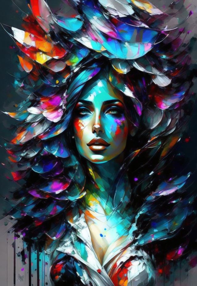 Colorful Abstract Feathers Hair Woman Digital Painting