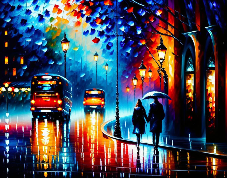 Colorful Rainy City Street Painting with Couple and Bus Silhouettes