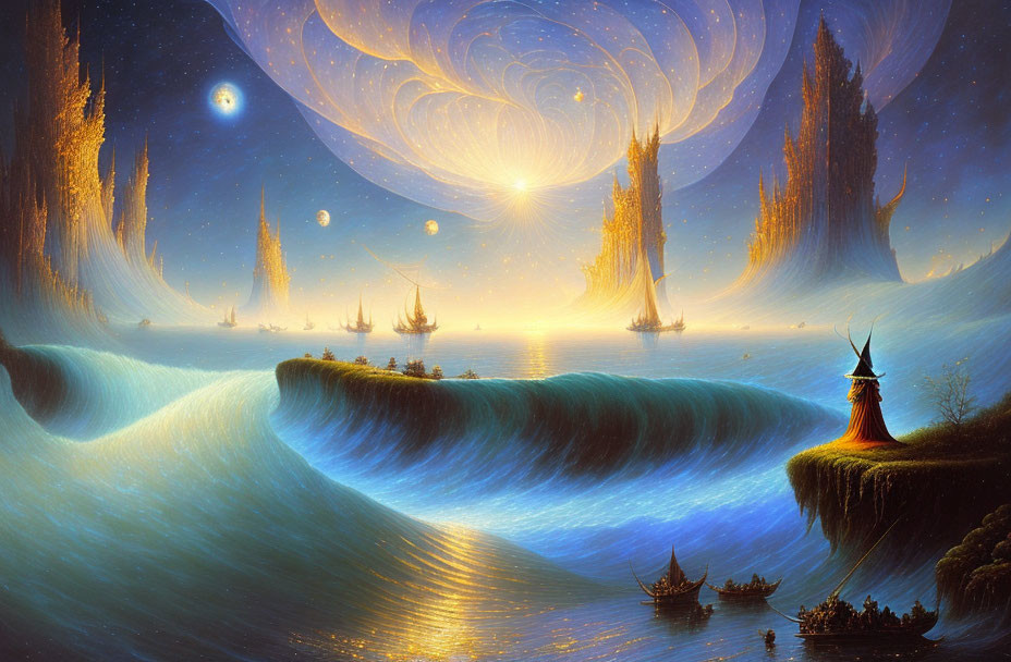 Fantasy landscape with radiant sun, wave-like hills, ships, stars & swirling clouds