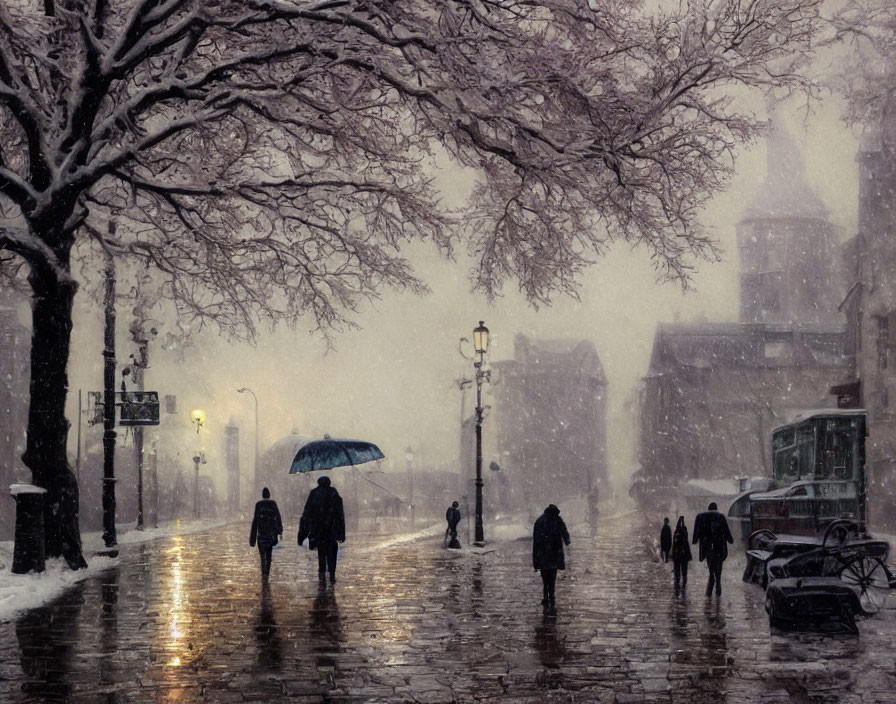 Snowy city scene with people, trees, umbrellas, street lamps, and carriage