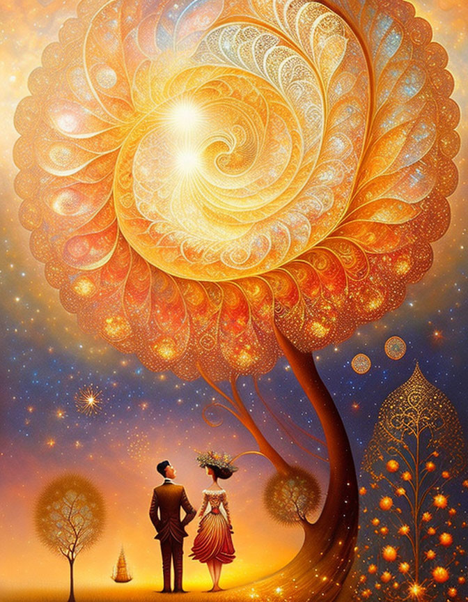 Couple admiring golden tree under starry sky