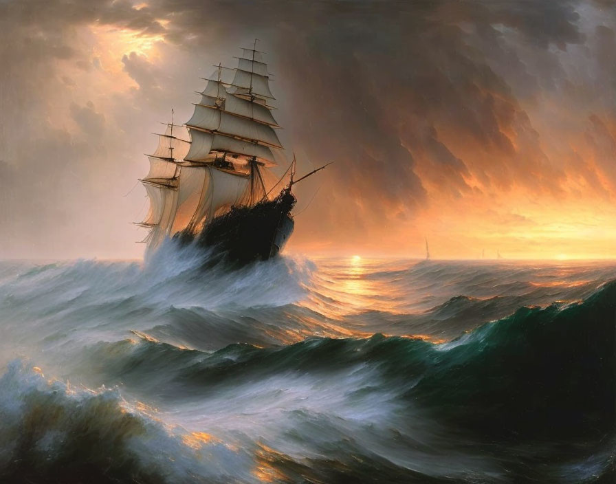 Sailing ship in rough seas under dramatic sunset sky