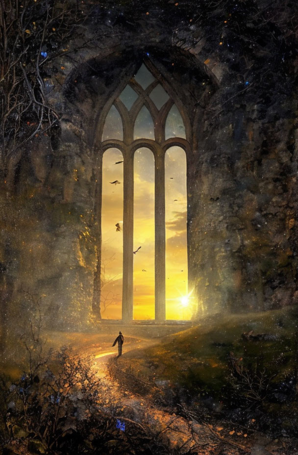 Person walking towards luminous sunset through ruined gothic arches with birds and foliage.