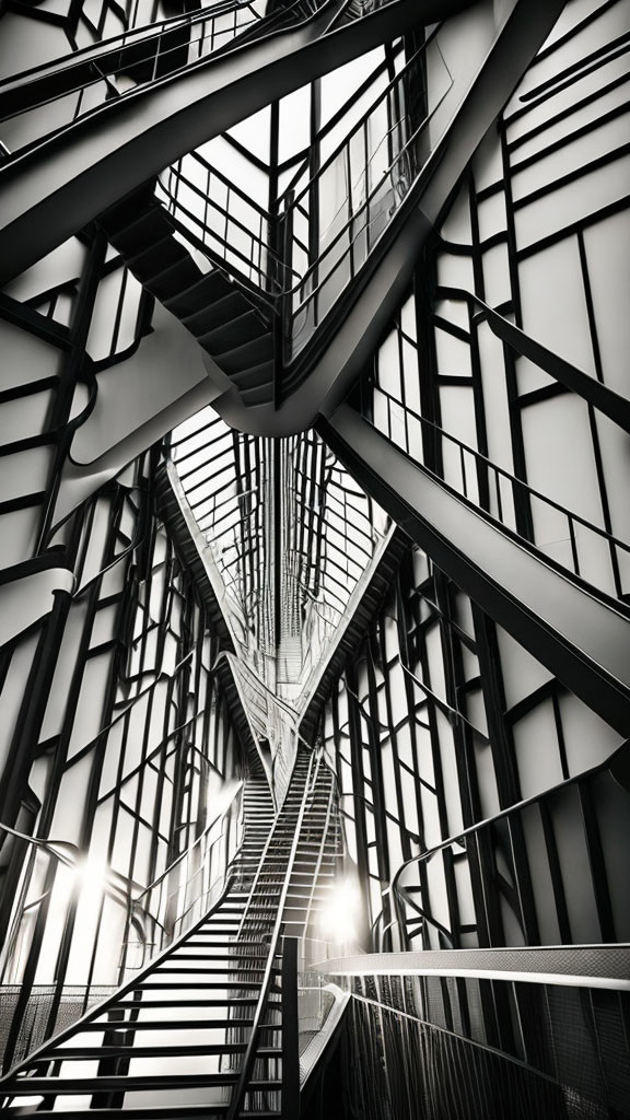 Modern geometric staircase with intricate metalwork in monochrome.