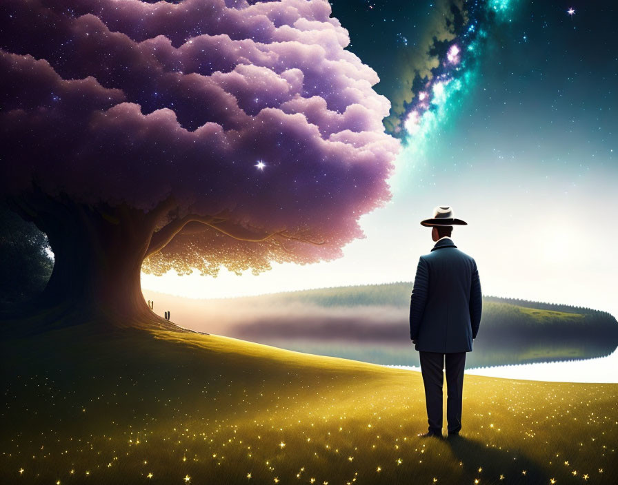 Person in hat under tree gazes at starry night sky turning into sunrise over glowing grass and reflective