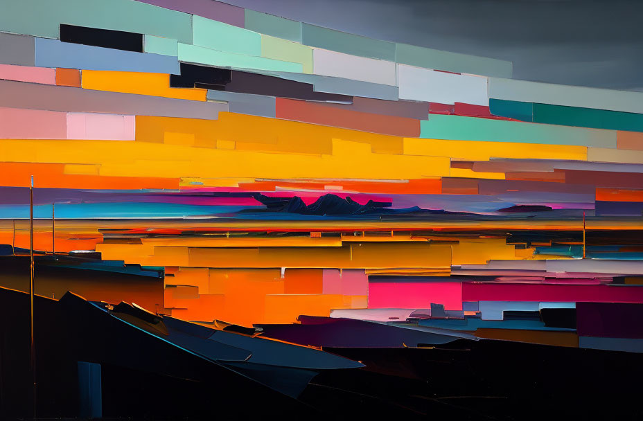 Vibrant abstract landscape with layered geometric shapes