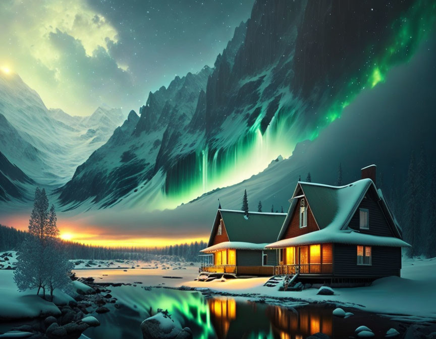 Snowy Peaks Cabin Under Aurora-lit Sky and River