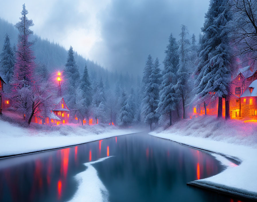 Snow-covered winter landscape with reflective river, illuminated houses, and frosty trees.