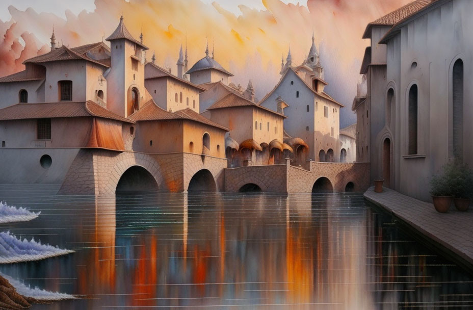 Tranquil waterside village painting with warm tones