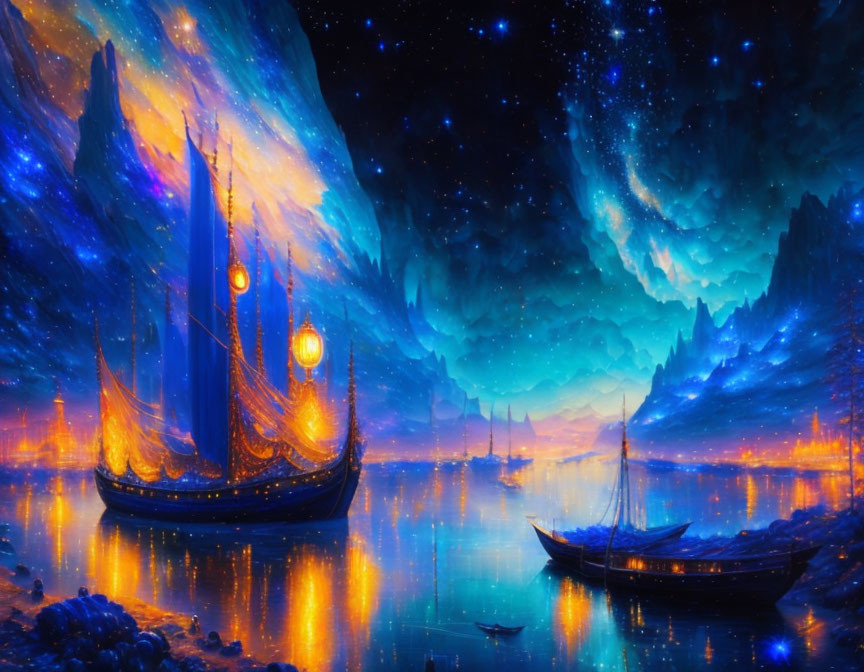 Digital artwork: Ethereal ships with glowing sails on reflective water under a starry blue sky