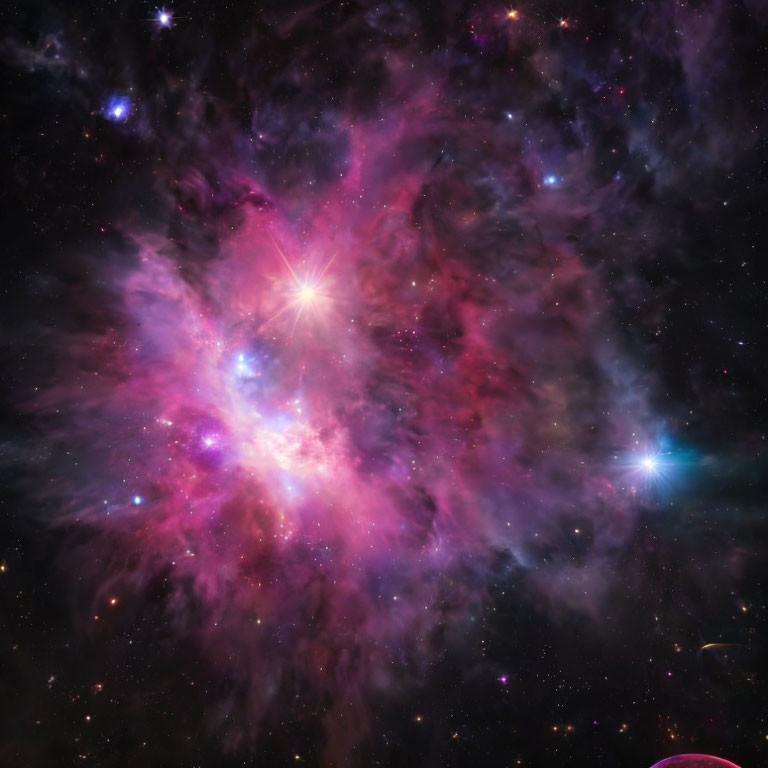 Colorful nebula with pink and purple gas clouds and bright stars in dark space