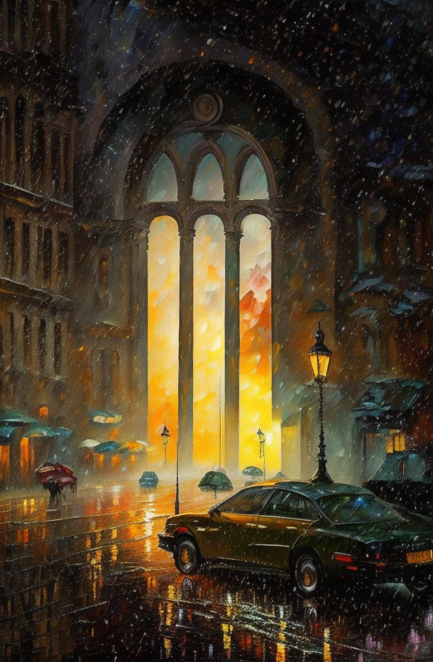 Rainy night cityscape with glowing windows, street lamps, and people with umbrellas