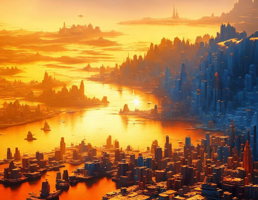 Futuristic cityscape with high-rise buildings and flying vehicles at sunset