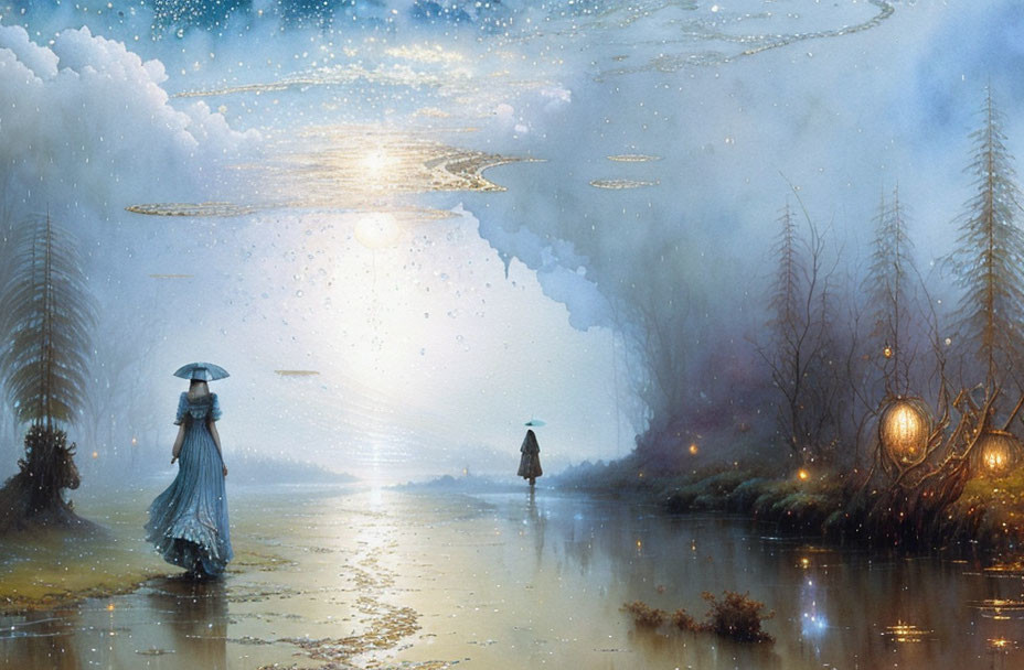 Fantasy landscape with two figures under a starry sky