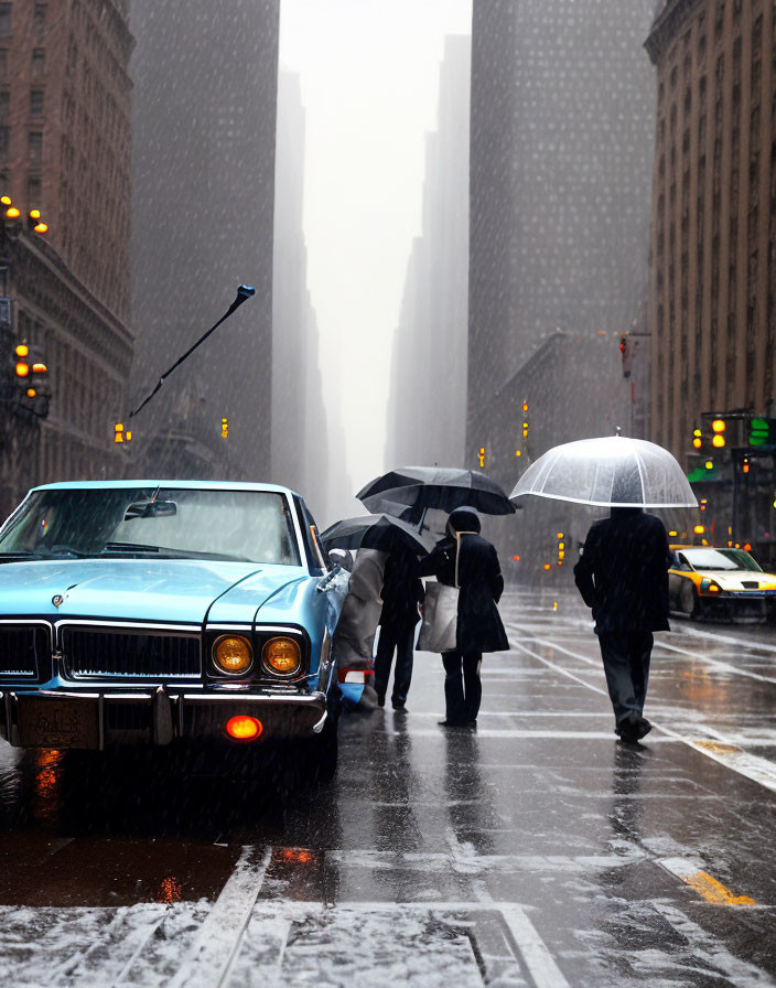 Snowfall scene: People with umbrellas, city street, classic blue car