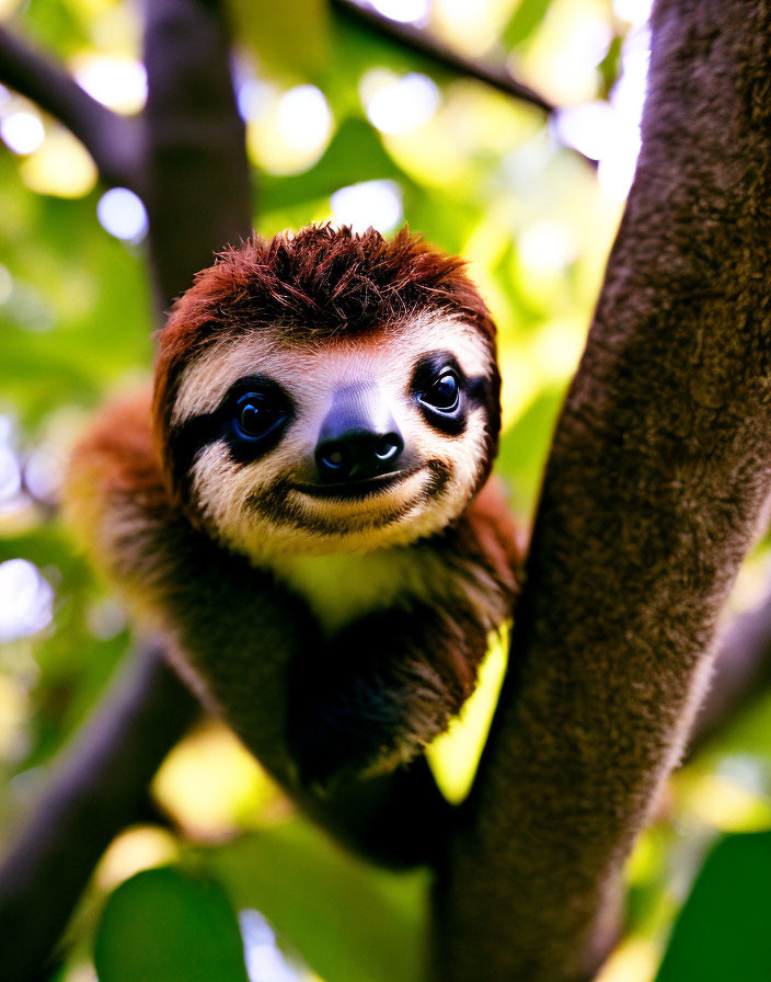 Curious sloth with friendly face amidst green leaves