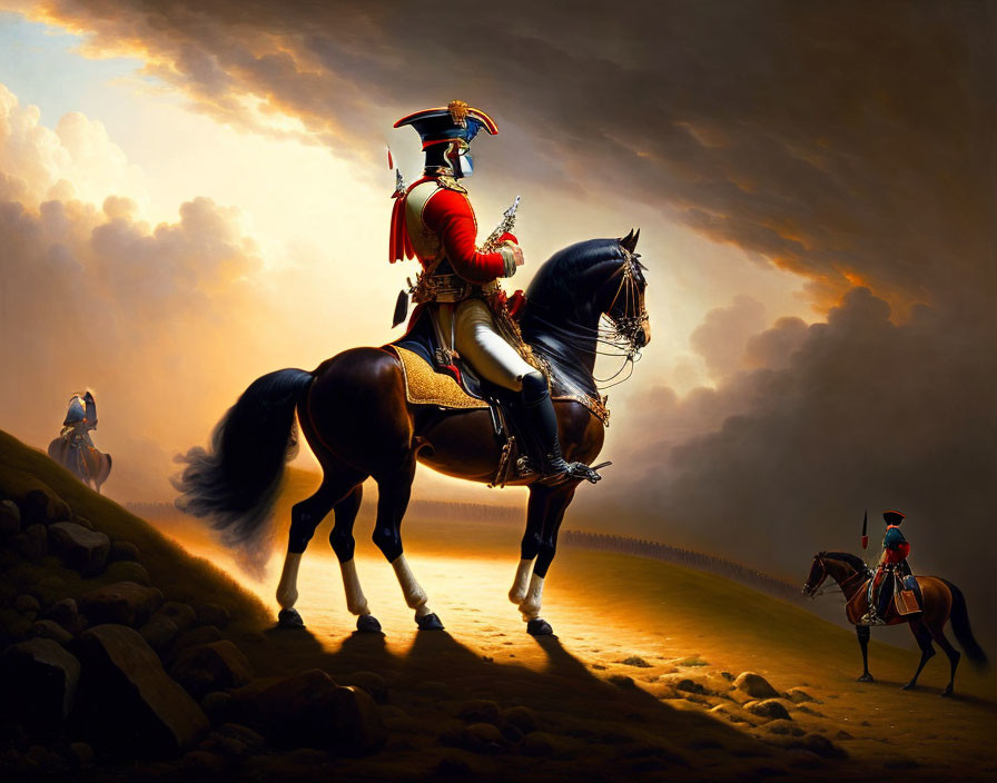 Historical military uniform painting: riders on horses under stormy sky