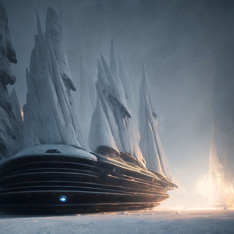 Futuristic spaceship on snowy planet with ice formations & sunlit sky