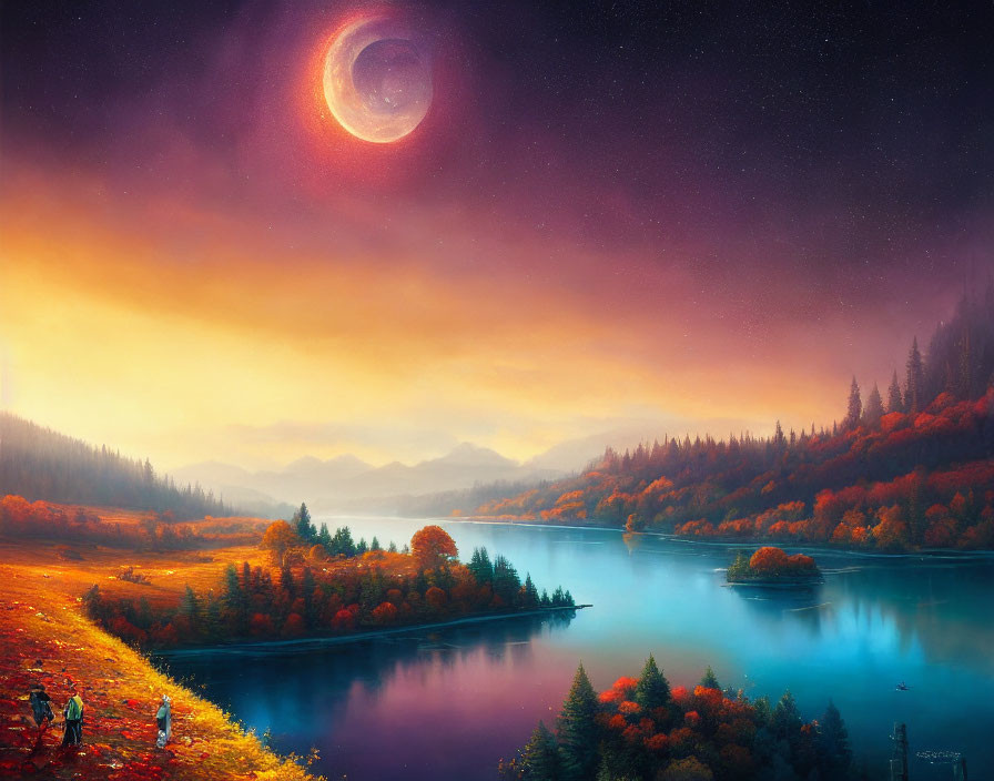 Twilight landscape with huge moon over autumnal forest and lake