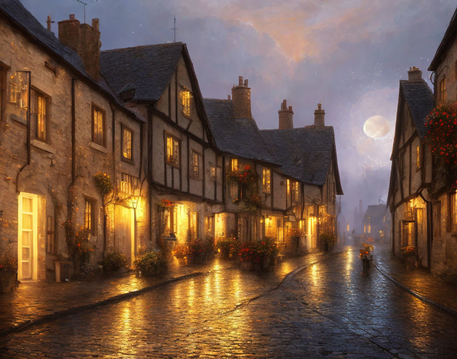 Charming cobblestone street at dusk with old buildings and full moon