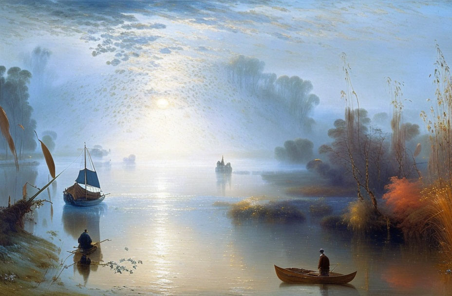 Sunrise river landscape with boats, trees, and cloudy sky