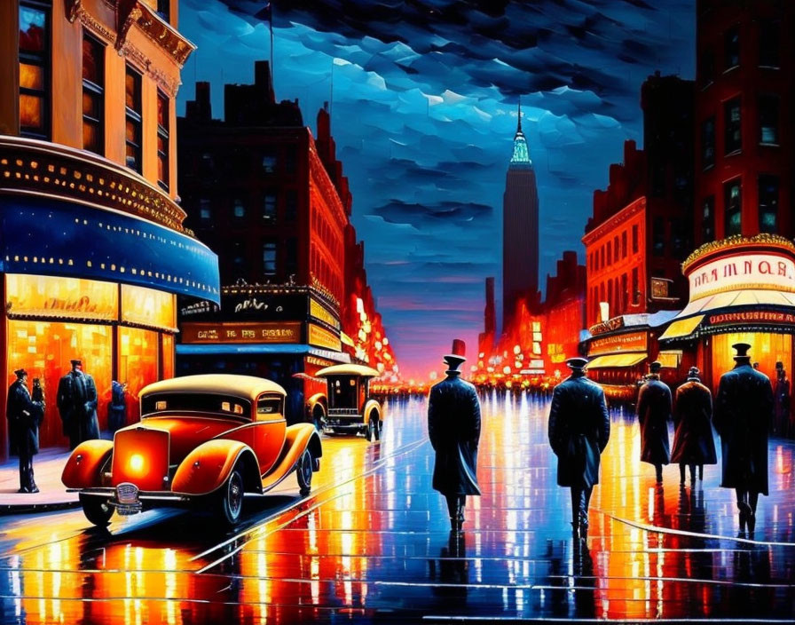 Stylized painting of bustling city street at night