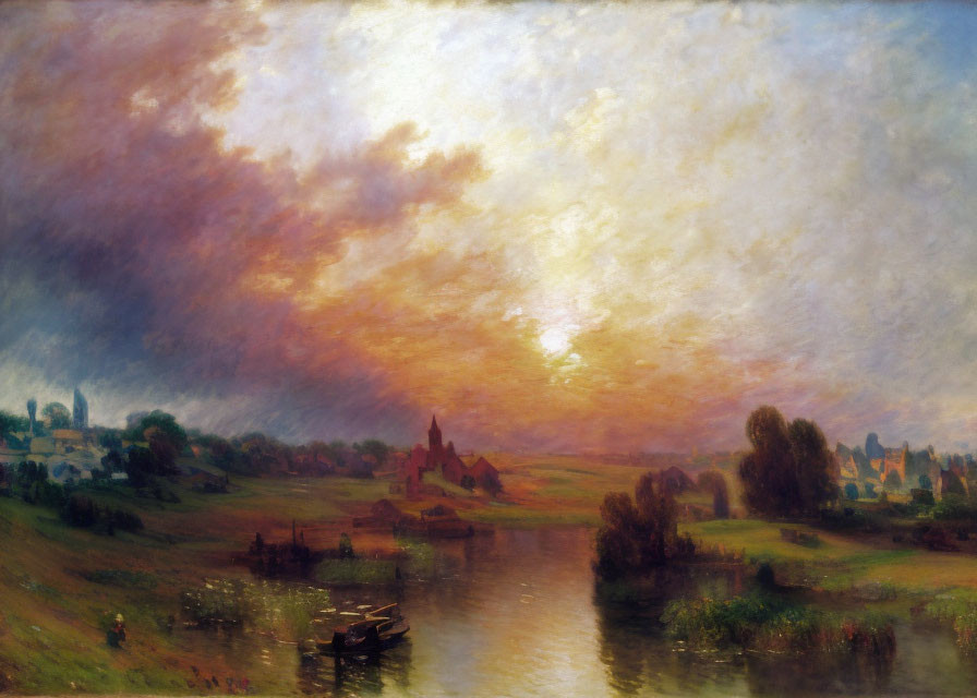 Tranquil landscape painting: river, boats, greenery, town, sunset sky