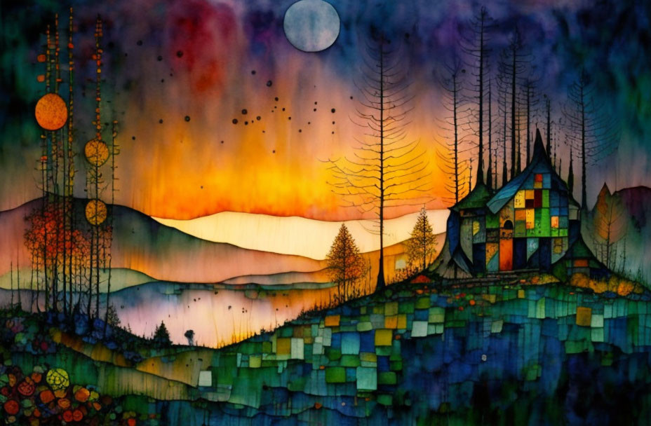 Colorful Watercolor Painting of Whimsical Cottage in Sunset Landscape