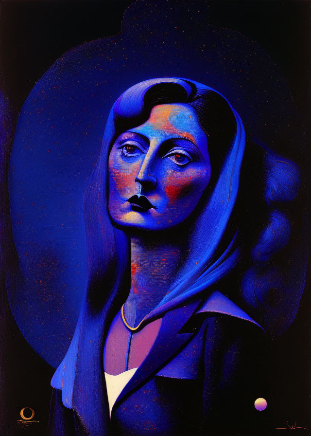 Blue-skinned woman portrait with long hair and somber expression on abstract black background