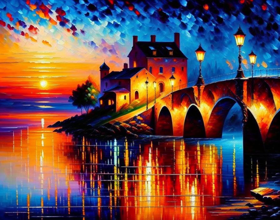 Scenic sunset painting with stone bridge and calm lake