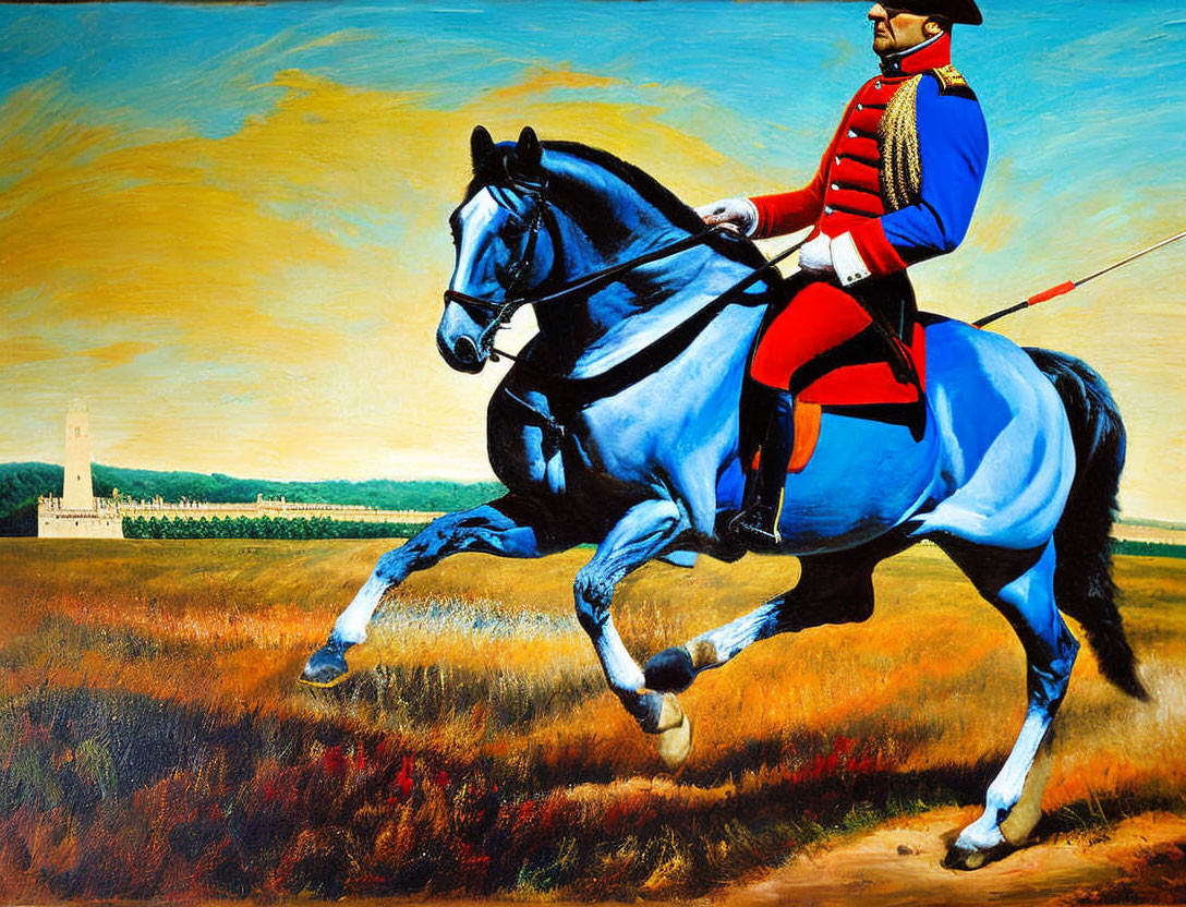 Military figure on horse in blue and red uniform under cloudy sky