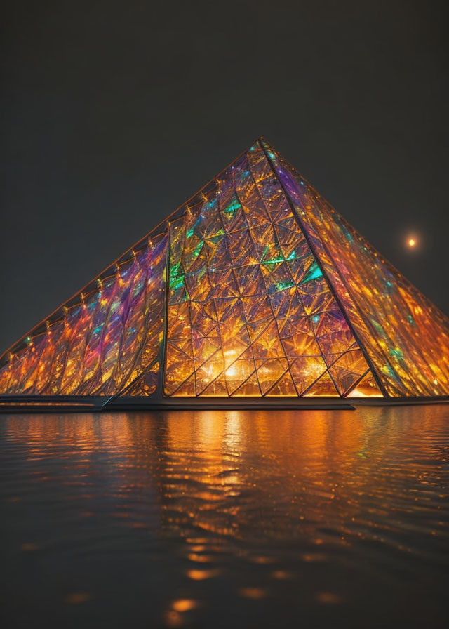 Large Glass Pyramid Illuminated with Kaleidoscope of Colors at Night