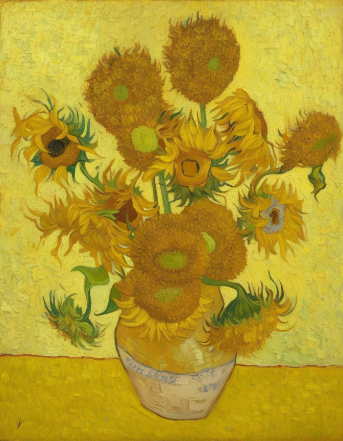 Vibrant yellow sunflowers in a vase against a textured yellow background