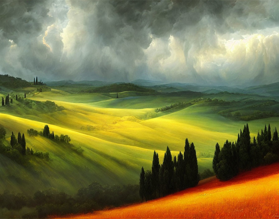 Rolling hills landscape with sunlit fields and storm clouds contrast