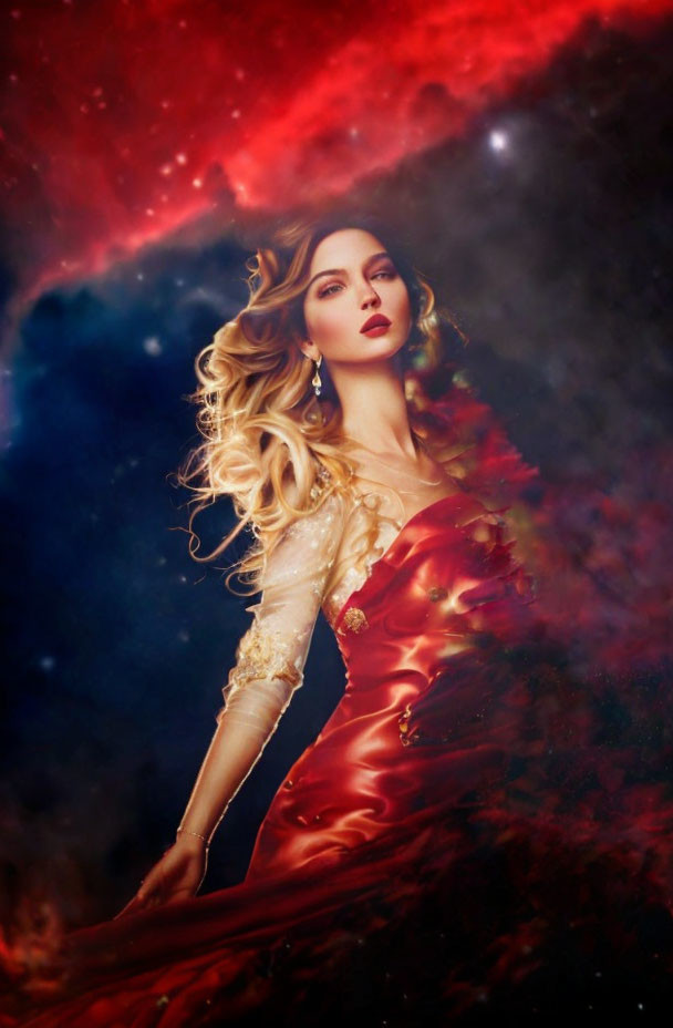 Woman in red and gold dress against cosmic backdrop with nebulae