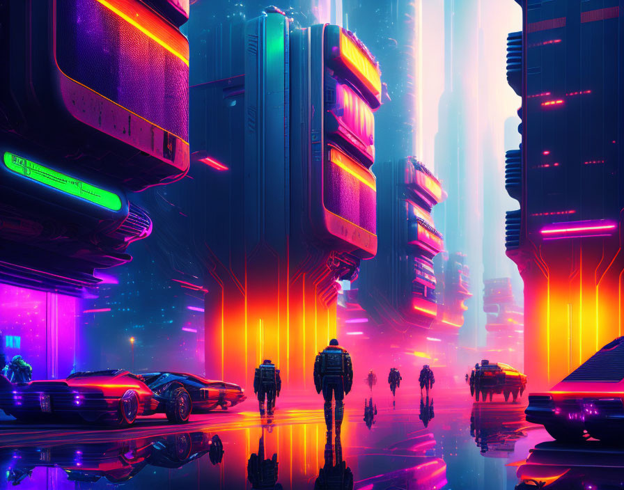 Neon-lit cyberpunk cityscape with flying cars