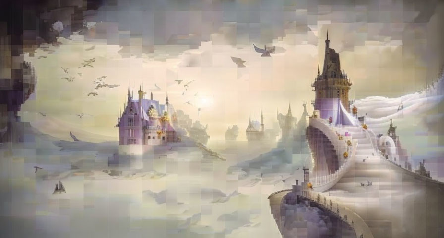 Fantastical landscape with ethereal castles, bridge, flying ships, and birds