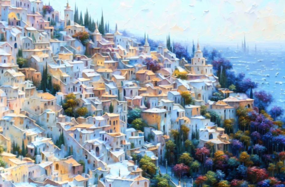 Scenic painting of hillside town with white buildings, lush trees, and blue water