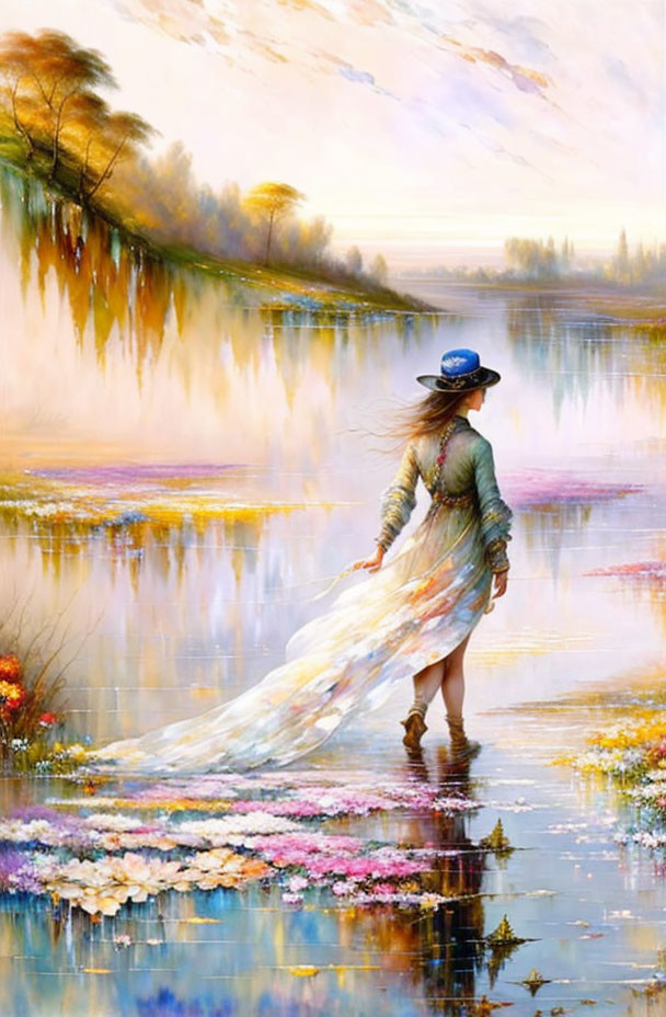 Woman in flowing dress and hat by tranquil lake with reflections of trees and flowers