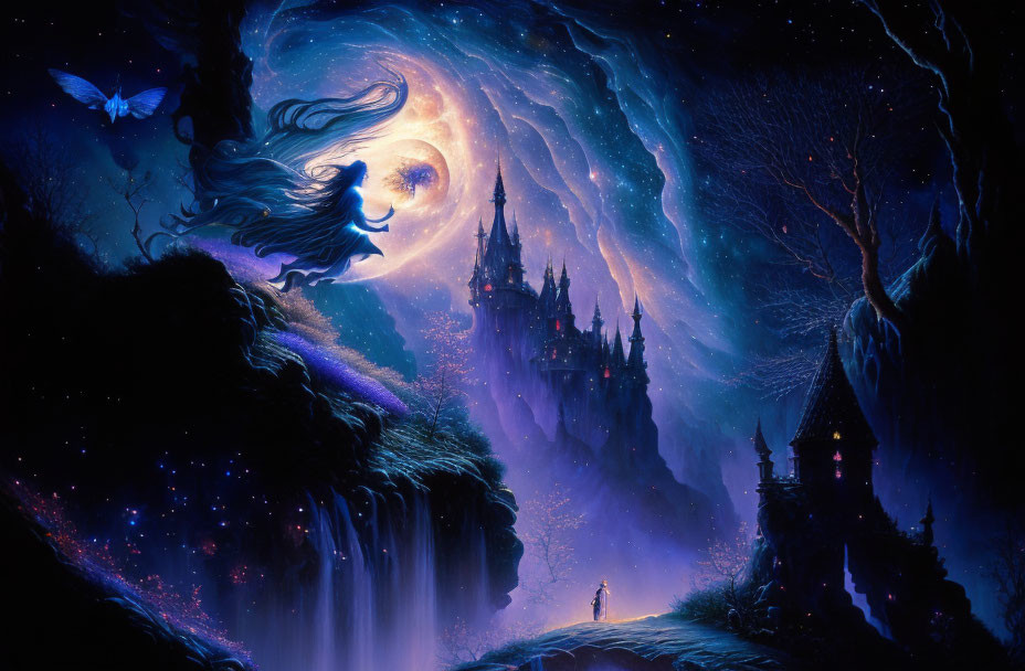 Fantasy landscape with galaxy sky, glowing castle, ethereal butterfly, and solitary figure.