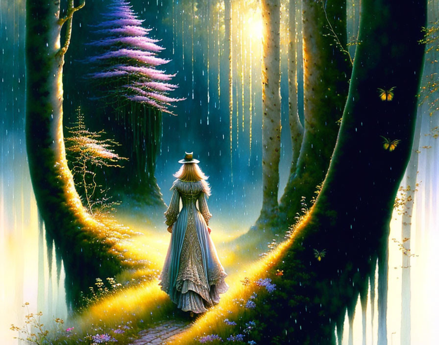 Person in cloak walking in glowing fantasy forest