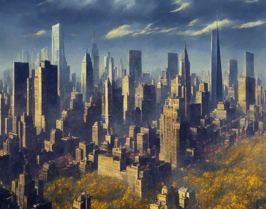 Golden-lit cityscape with skyscrapers and urban foliage