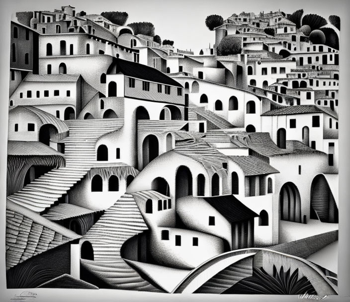 Monochrome surreal village drawing with stairs, buildings, and arches on hillside.