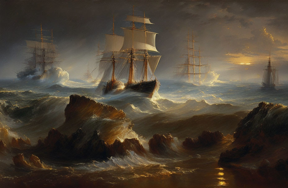 Stormy seas oil painting of sailing ships battling with dark clouds and sunlight.